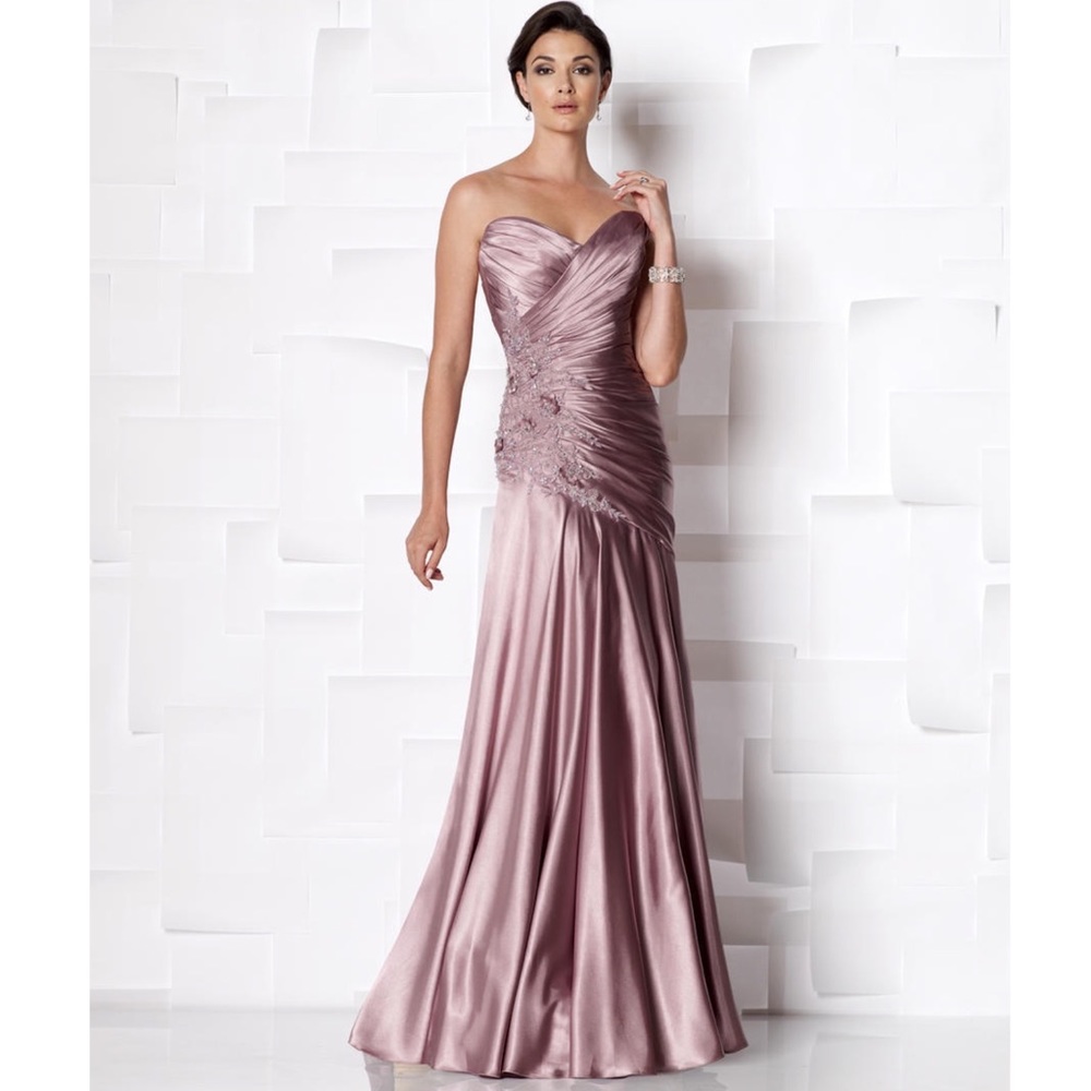 NWT CAMERON BLAKE BY MON CHERI MAUVE STRAPLESS SATIN A LINE BEADED FORMAL GOWN